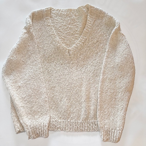 V-Neck Boucle Sweater FP Style Ivory, Soft, Natural, Relaxed,Womens L - Picture 1 of 6